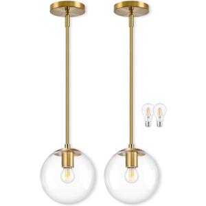 Bagood 8" Globe Pendant Light Gold 2 Pack Mid Century Pendant Light Globe Pendant Lights Kitchen Island Brushed Brass Finished with Clear Glass Adjustable Ceiling Light Fixtures for Dining Room Bar