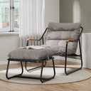 Patio Lounge Chair with Ottoman, Oversized Papasan Chair with Soft Cushion, Indoor/Outdoor Textilene Lounge with Teak Wood Handrail and Footstool for Living Room, Porch, Backyard or Garden