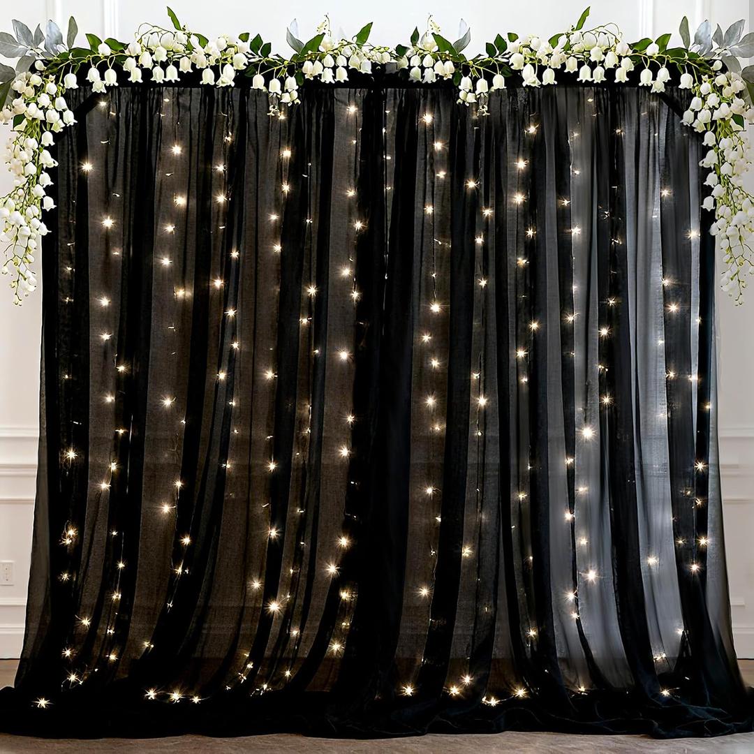 Ledido 1010ft Black Tulle Backdrop Curtains with Lights String - 300LED Fairy Lights Sheer Curtain Backdrop for Wedding Baby Shower Photo Shoot Birthday Party Decoration(2 Panels 510ft)Black