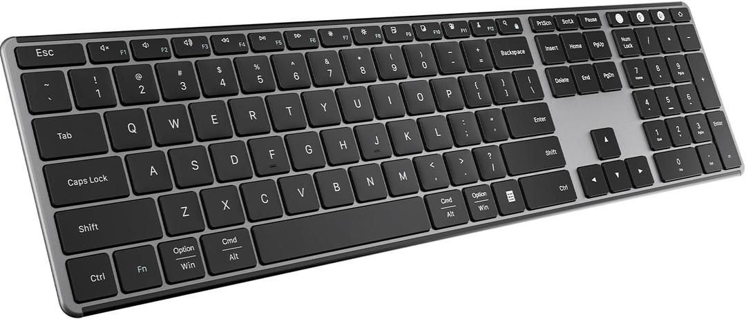 AUSDOM 2.4G Wireless Bluetooth Keyboard Full Size, Quiet Slim Multi-Device Rechargeable Cordless QWERTY Keyboard with Number Pad, Low Profile Silent Flat Universal Keyboards for Computer/Mac/Windows (Black Grey)