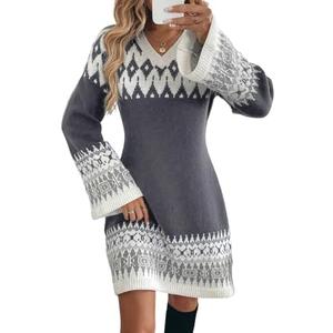 ZAFUL Sweater Dresses for Women 2025 Fall V Neck Long Sleeve Knit Color Block Fair Isle Pullover Sweaters Mini Dress S