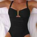 LEZI Women's Ruched One Piece Swimsuit V-Neck with Gold Accent Bathing Suits Swimwear Medium (M)