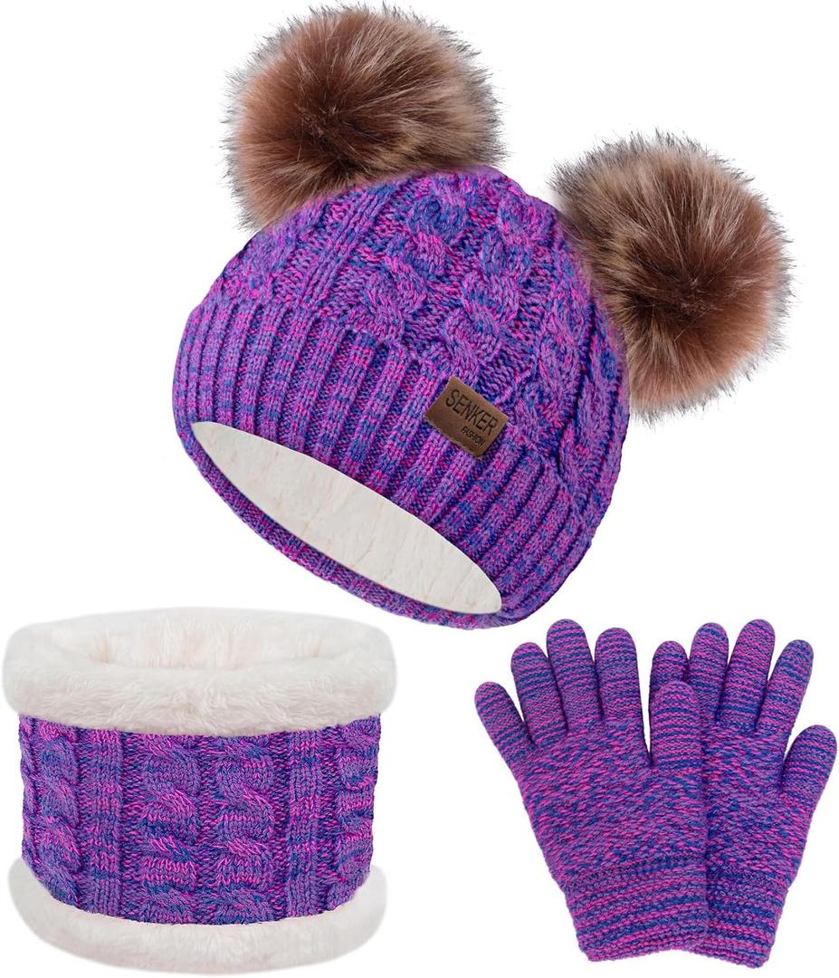 Senker Fashion Kids Winter Beanie Hat Scarf Gloves Set for Girls Boys Knit Warm Pompom Toddler Hats Mittens Neck Warmer (Purple)