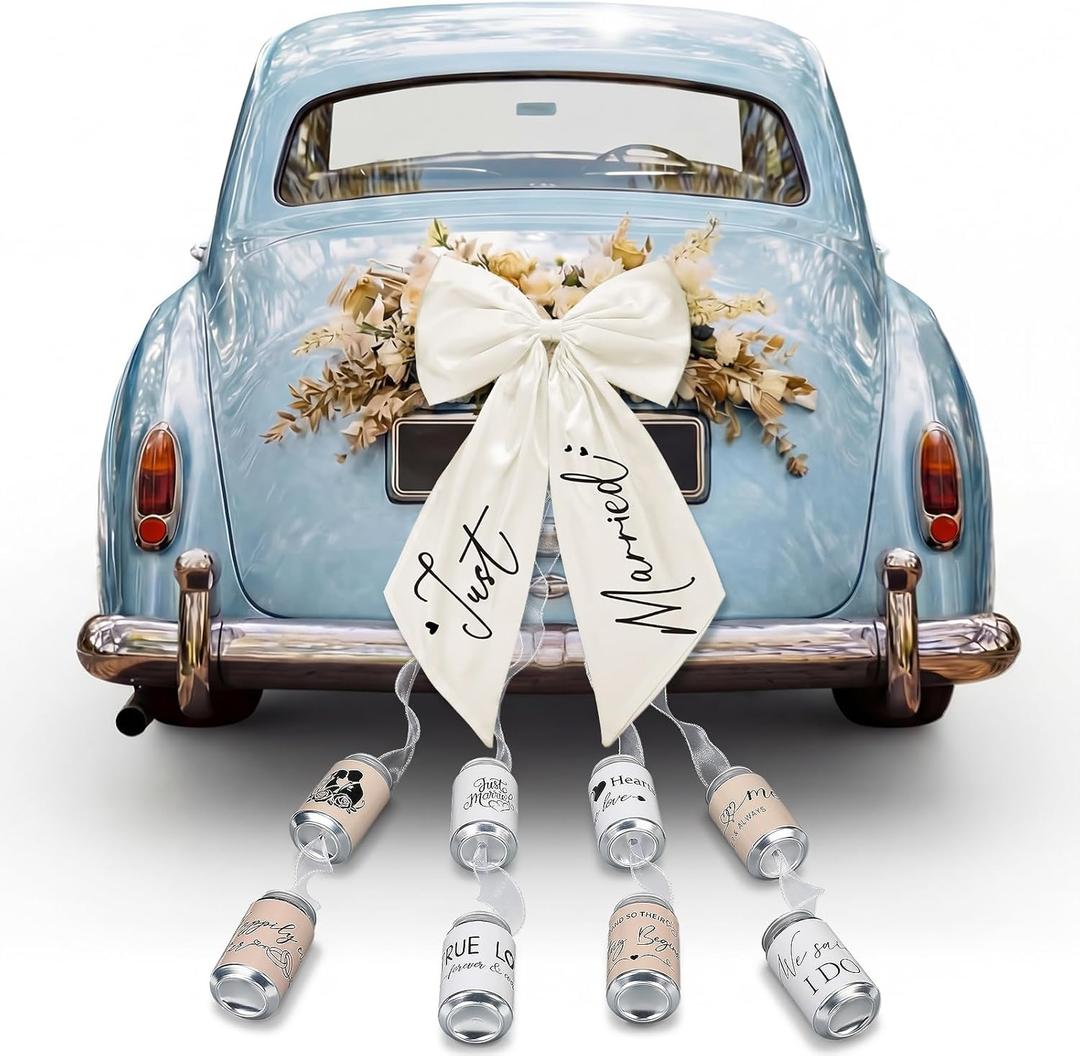 18 Pcs Just Married Car Decorations Wedding Car Decorations Giant Pull Ribbon Bow Tin Cans Stickers for Automotive Decor Accessories Bride Vehicles Photo Props Elegant Wedding Party Decor