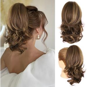 14 Inch Ponytail Extension - Clip in Ponytail Hair Extensions, Curly Wavy Pony Tails Hair Extensions, Synthetic Claw Clip Ponytail Extension for Women (Color: Chestnut Brown With Golden Highlights)
