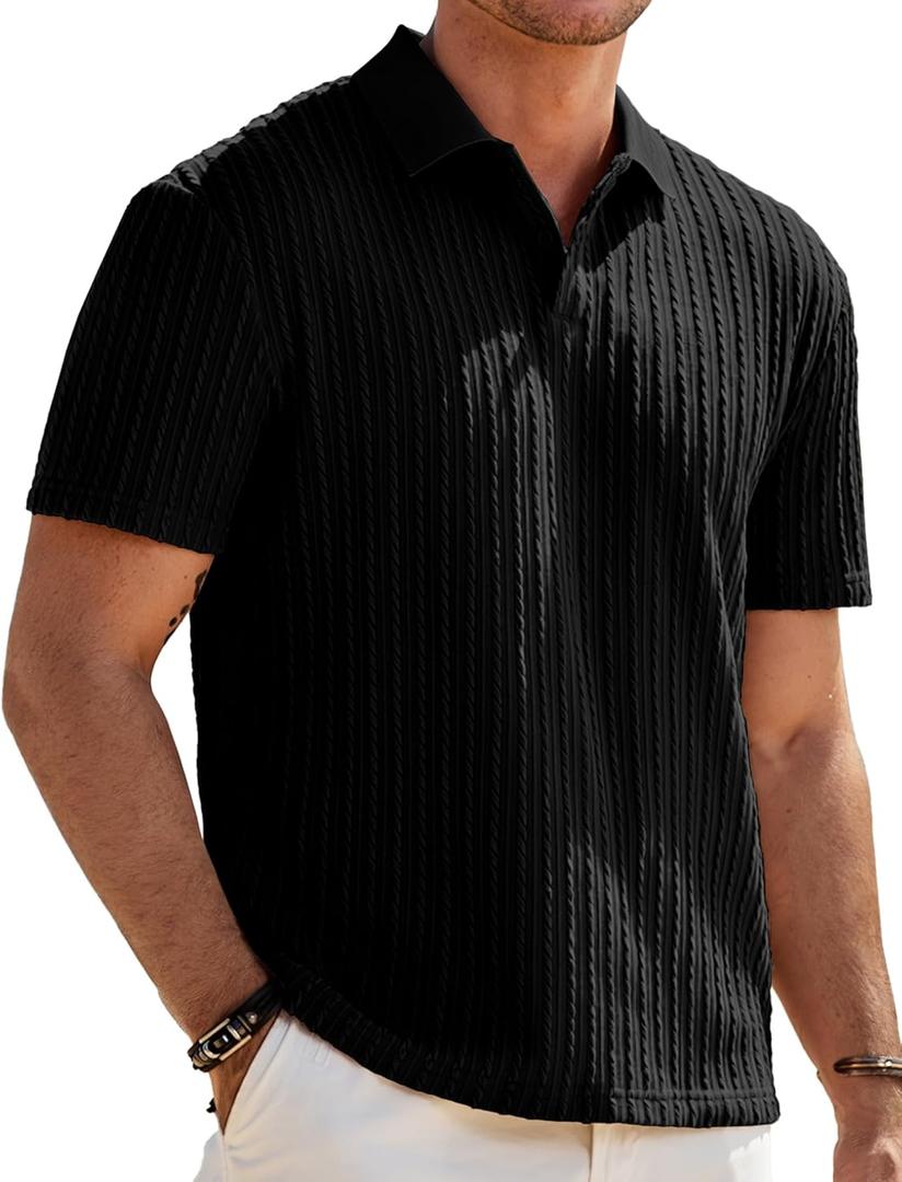 JMIERR Mens Casual Polo Shirt Summer Short Sleeve Vacation Button Beach Knit Stretchy Golf Shirts (Black, XL)
