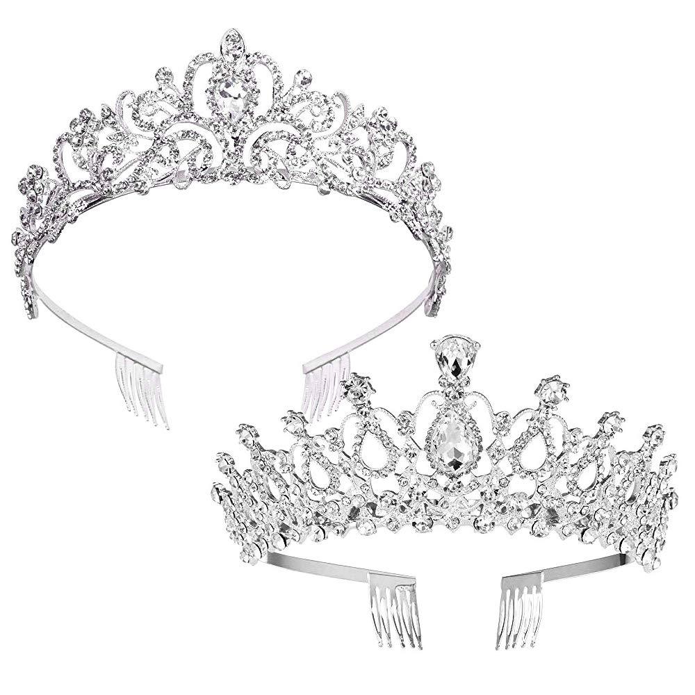 ZOCONE Birthday Tiara Crown for Women Girls, 2 Pack Crystal Princess Tiara for Women, Bridal Crowns for Wedding Party, Hair Accessories Headband with Combs (Silver)