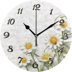 susiyo Daisy Chamomile Flowers on Wooden Texture Wall Clock Round Silent Non-Ticking [Battery Operated] Easy to Read Clocks for Home Kitchen Office Classroom Living Room Bedroom