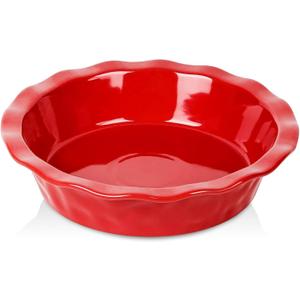 vicrays Ceramic Pie Pan for Baking - 9 inch Pie Plate, Round, Fluted and Deep Pie Dish for Tart, Pizza, Apple Pie, Quiche, Pot Pies, Cake - Reactive Glaze (Red)