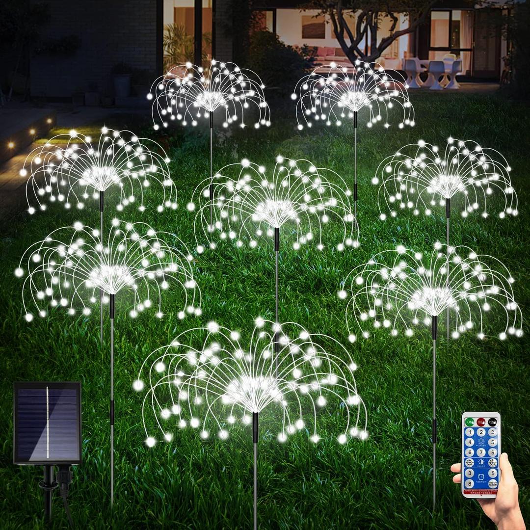 8 Pack Outdoor Solar Garden Lights, Firework Lights Solar Powered 8 Modes, Solar Landscape Lamp Outside Decor with Remote Control,120 LED Waterproof DIY String Lights for Yard Pathway Decoration (Cool White)