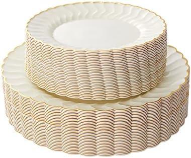 Lullaby 120PCS Ivory Scalloped Plastic Plates with Gold Rim, Disposable Elegant Plates Include 60pcs Dinner Plate 10.25", 60pcs Dessert Plate 7.5", Perfect for Daily Use, Wedding and Party
