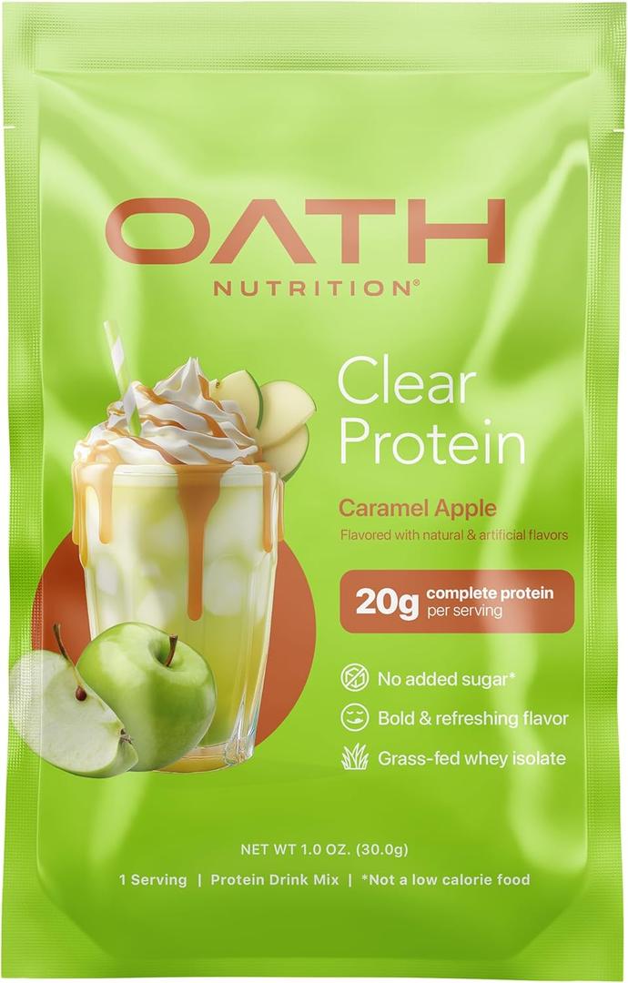 Oath Nutrition Clear Whey Isolate Protein Powder, Caramel Apple, 20g Complete Protein per Serving, No Added Sugar, Grass-Fed, Single Serving (6 Count)