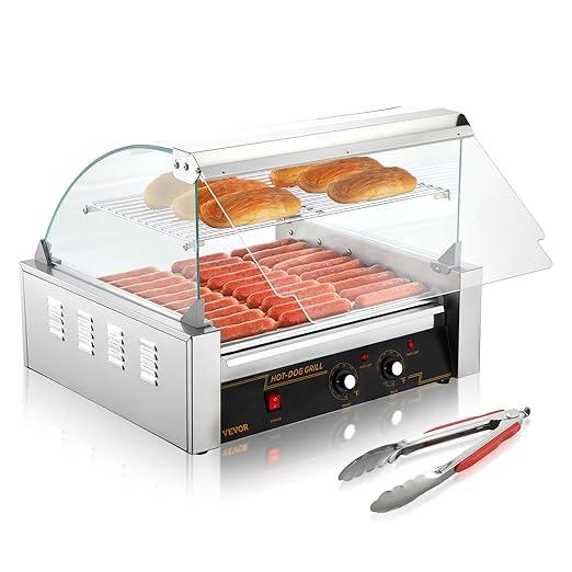 VEVOR Hot Dog Roller, 30 Hot Dog Capacity 11 Rollers, 1800W Stainless Steel Cook Warmer Machine w/Cover & Dual Temp Control, LED Light & Detachable Drip Tray, Sausage Grill Cooker for Kitchen Canteen