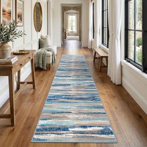 Lansny Modern Abstract Runners for Hallways 2.6x14, Washable Runner Rug Non-Slip Indoor Soft Long Hallway Runner Rug, Thin Print Faux Wool Floor Carpet for Hall Entryway Kitchen, Blue
