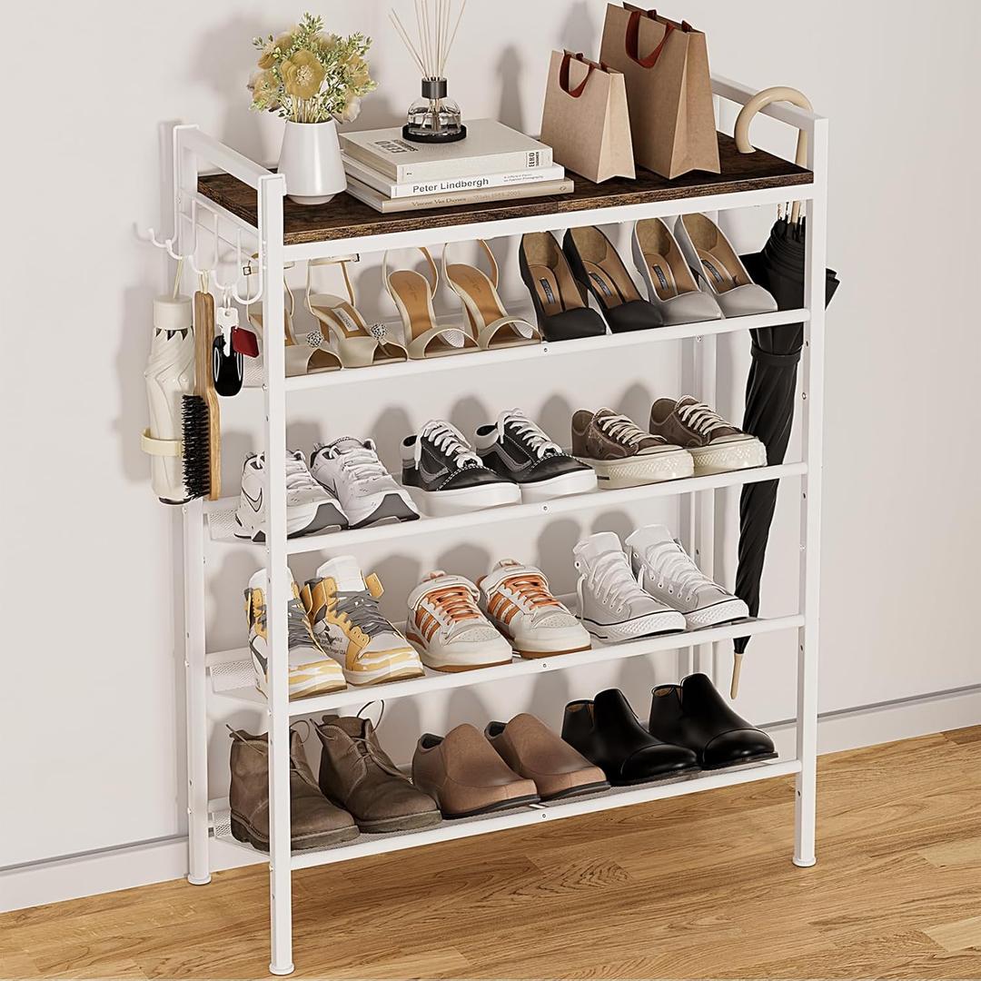 5 Tier Shoe Rack, White Shoe Rack for Front Door Entrance, Metal with Hook and Adjustable Mesh Shelves, Shoe Shelf Organizer for Entryway, Closet and Dorm
