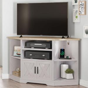 YITAHOME Corner TV Stand for 55/50 Inch TV, Farmhouse TV Stand for Living Room, Entertainment Center with Storage & Power Outlet, TV Console Cabinet for Living Room, Grey Wash & Grey White, Upto 55 inches TV