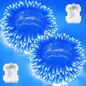 2 Pack Christmas String Lights Battery Operated with Timer, 66FT 200 LED Waterproof Twinkle Lights, 8 Modes Fairy Light for Indoor and Outdoor Bedroom Garland Tree Christmas Decorations (Blue)