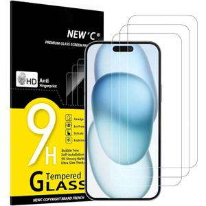 NEW'C 3 Pack Designed for iPhone 15, iPhone 15 Pro Screen Protector (6.1 inches), Tempered Glass,Case Friendly Ultra Resistant
