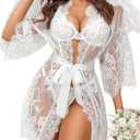 Avidlove Women's Lace Kimono Robe Babydoll Lingerie Mesh Nightgown  (White, M)