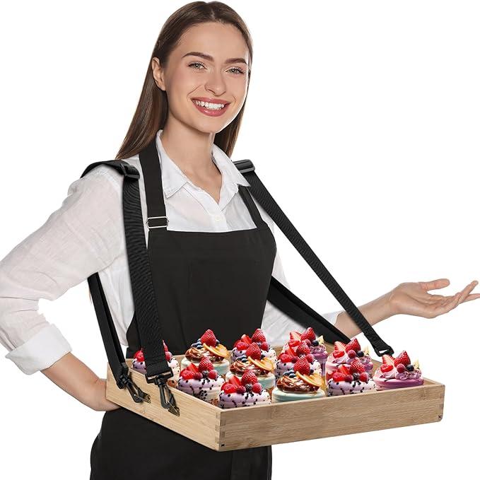 Wooden Snack Trays with Strap 15 x 11 x 2 Inch Movie Night Party Serving Trays Usherette Popcorn Drink Vending Concessions Tray Beverage Carrier for 20's Theme Costume Carnival Prop(Black)