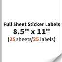 Full Sheet Sticker Labels, 8.5" x 11", 25 Sheets, 25 Labels, White Matte Paper, Compatible with Inkjet & Laser Printers