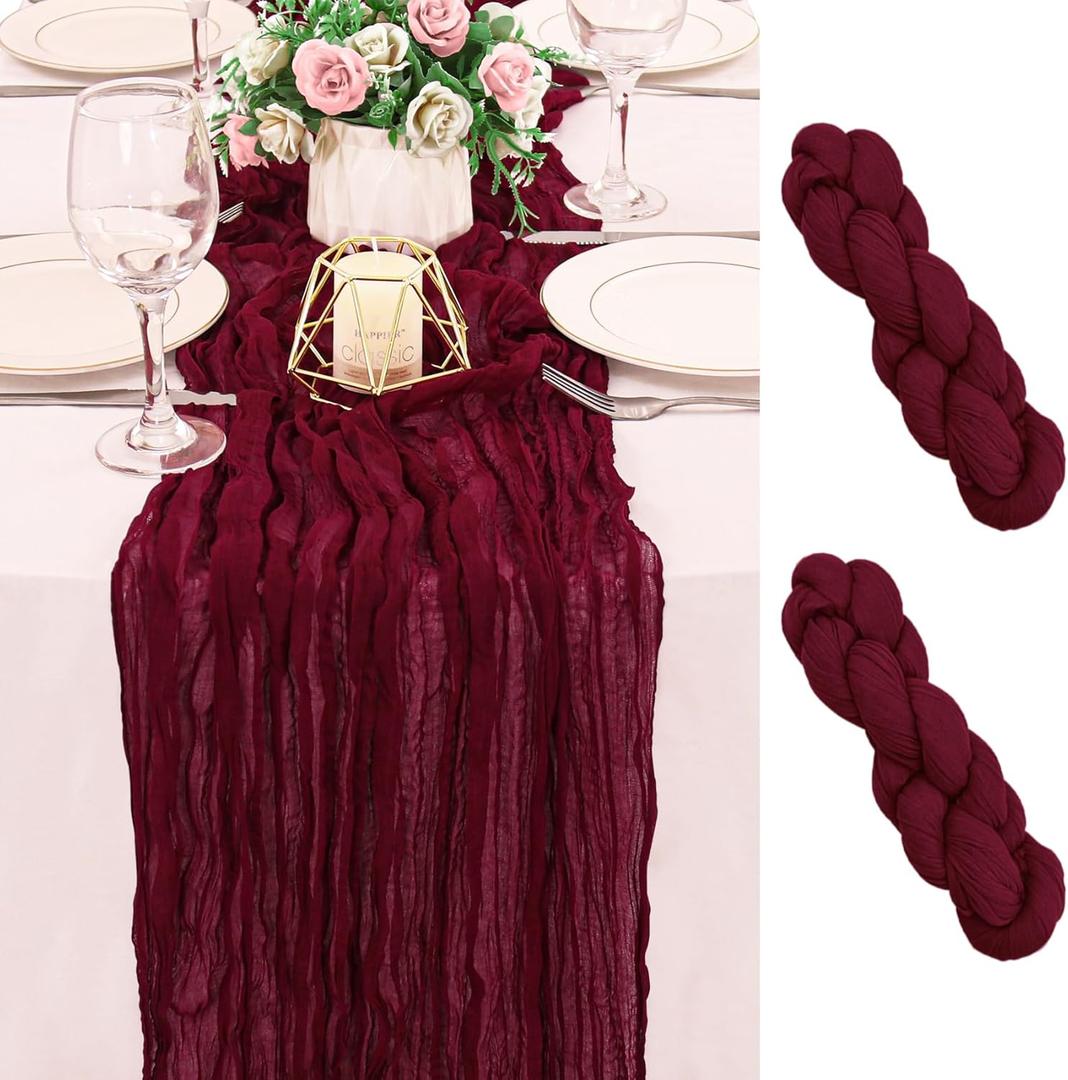 2 Pack 120 Inch Burgundy Cheesecloth Table Runner Boho Rustic Gauze Sheer Romantic 10 FT Long Cheese Cloth Table Runner for Bridal Baby Shower Wedding Party Birthday Holiday Home Easter Decor