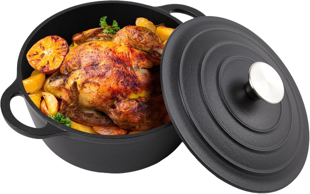 3 Quart Dutch Oven Enameled Cast Iron with Lid  Big Dual Handles  Oven Safe up to 500°F  Classic Round Pot for Versatile Cooking Matte Black(No Enameled)