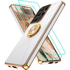 Gritup for Samsung Galaxy S21 Ultra Case: with 2Pcs Screen Protector, 360 Rotation Ring Holder Magnetic Kickstand Plating Gold Edge Soft TPU Shockproof Protective Cover for S21 Ultra, White