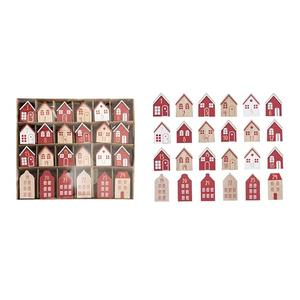 Creative Co-Op Wood Advent Calendar Houses, Red, White, and Natural, Set of 24