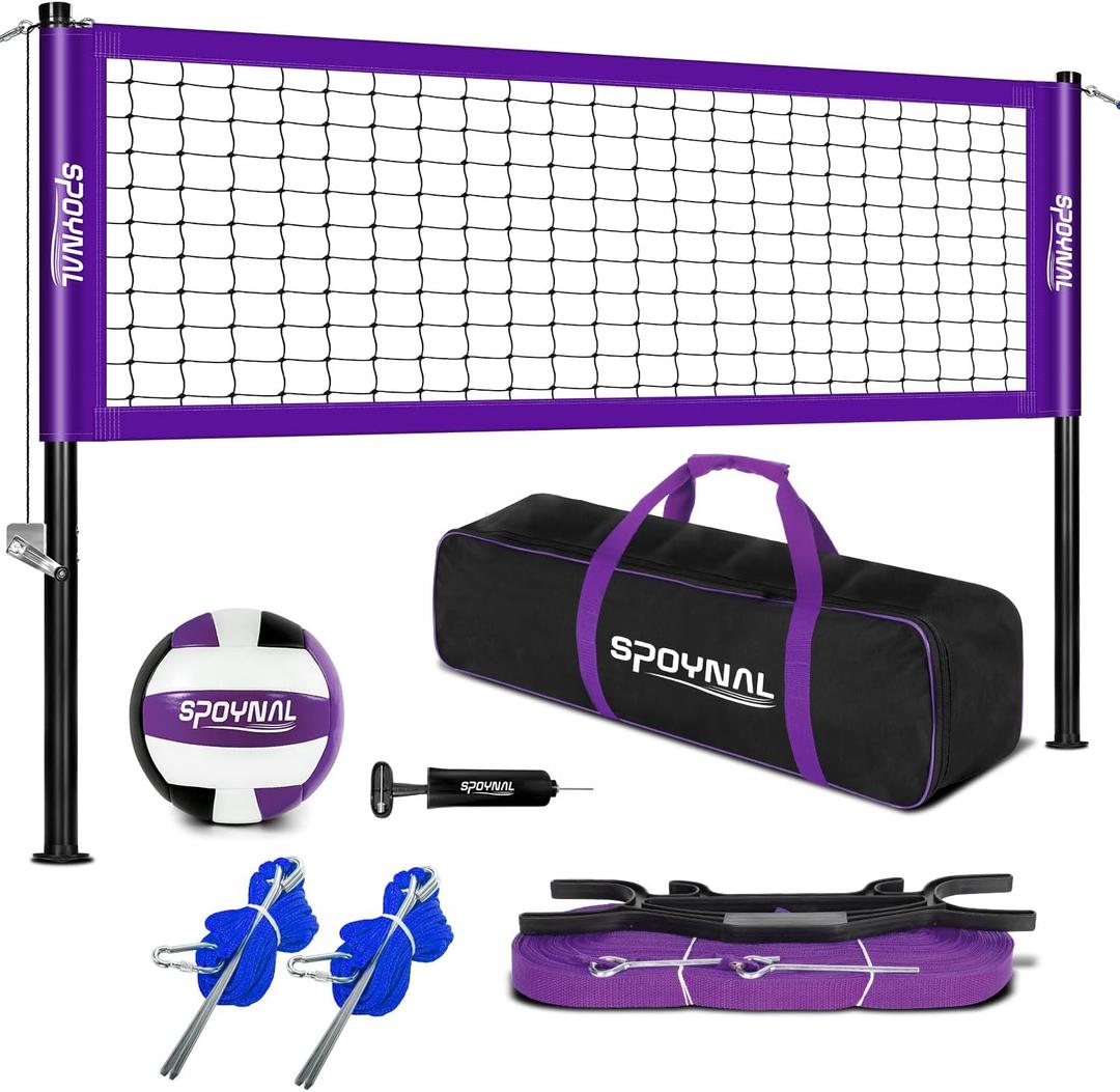 Outdoor Portable Volleyball Net Set with Adjustable Height Steel Poles, Volleyball, Anti-sag Winch System, Pump, Boundary Line, and Carry Bag for Backyard, Beach, Lawn, Purple