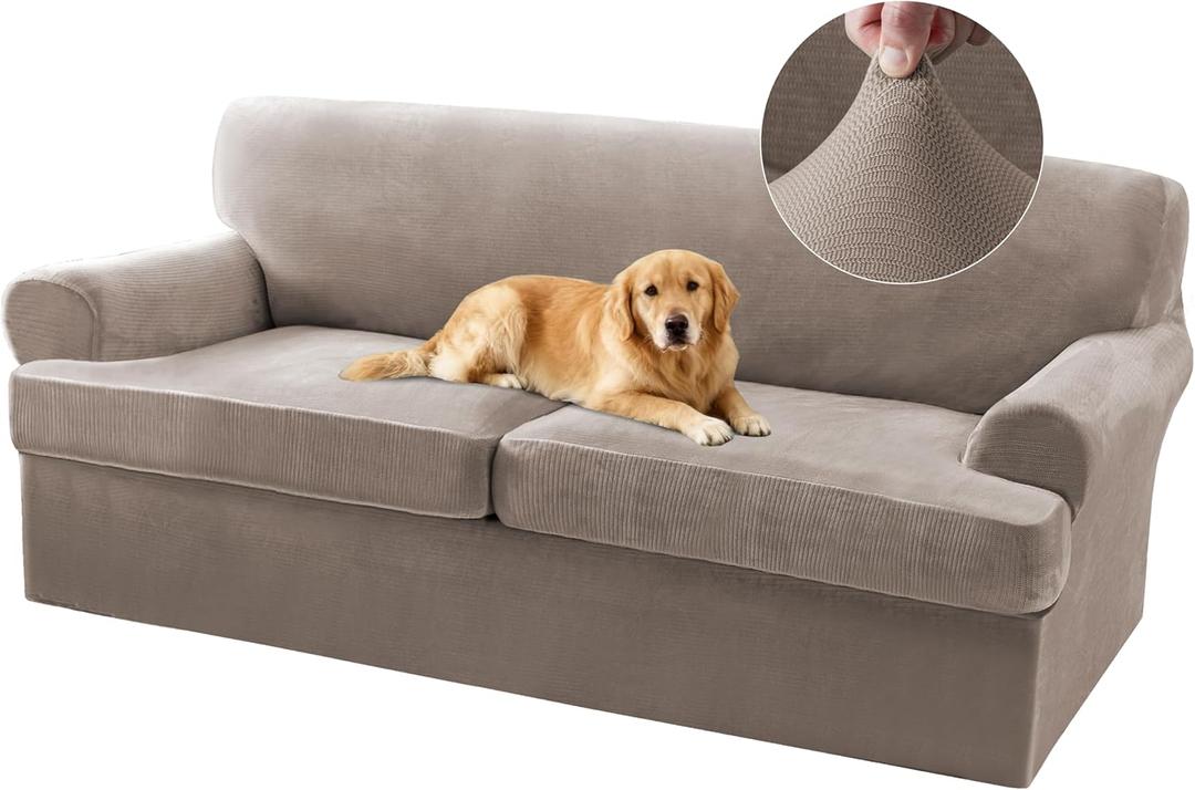 Turquoize T Cushion Sofa Slipcover 3 Piece Sofa Covers for 2 Large Cushion Couch Thick Velvet Couch Cover Stretch Furniture Covers with 2 Individual T Cushion Covers, Washable (2 Cushion Sofa, Taupe)