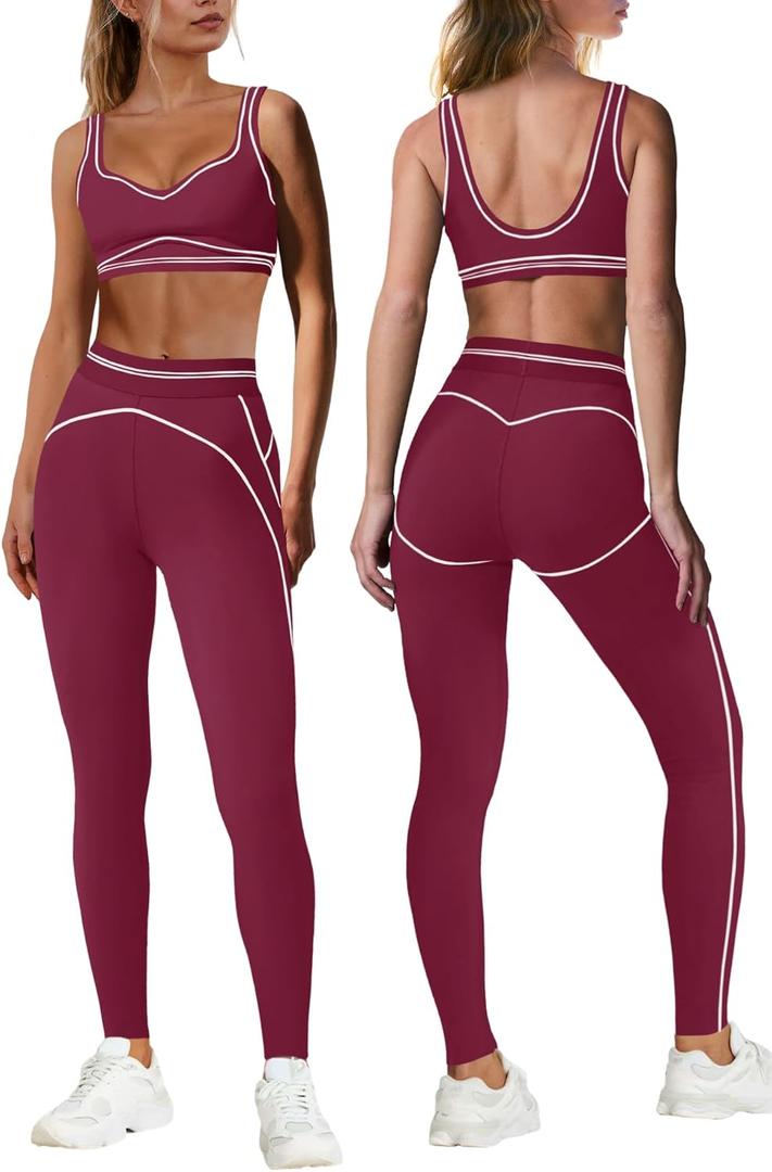 Nirovien Womens 2 Piece Workout Sets Athletic Yoga Sets Pilates Gym Outfits Butt Lifting Leggings and Sports Bra (X-Small, Purple Red)
