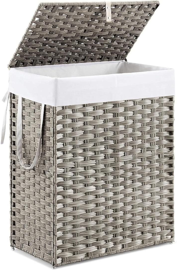 DUMOS Woven Laundry Basket with Lid, 90L Large Capacity Hamper, Removable & Machine-Washable Liner, Foldable Rattan Clothes Hamper, Sturdy Steel Frame, Odor Control, Dove Gray