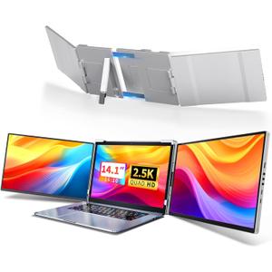 Triple Screen Laptop Monitor Extender - 2.5K QHD IPS Triple Portable Monitor for Laptop 13.3-17 Inch, Plug Play and Compatible with MacOS/Wins/Chrome/Dex (Silver)