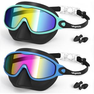 VegoVia 2 Pack Kids Swim Goggles with Nose Cover, Anti-Fog UV Protection Swimming Goggles for Kids Youth 3-15 (Black Green& Black Blue)