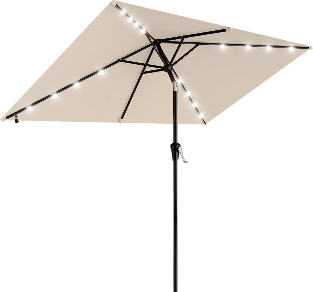 AreShark 6.5' x 10' Rectangular Patio Umbrella with Solar Lights, Solar Powered Lighted Market Umbrella w/Tilt and Crank, Outdoor Table Umbrella for Garden, Deck, Backyard, Pool, Cream-White