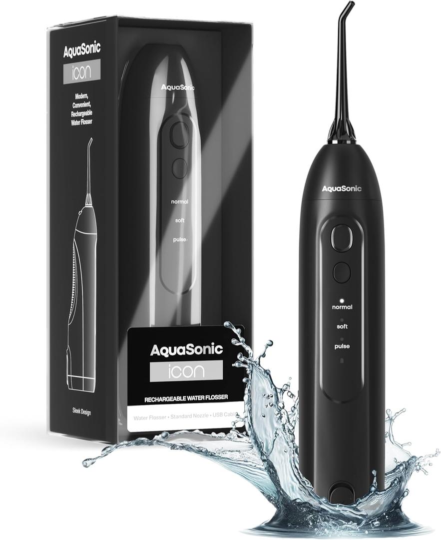 AquaSonic Icon Water Flosser for Teeth  Cordless Rechargeable Oral Irrigator  Waterproof, Portable Dental Cleaning with Jet Tip  Braces Home Travel - Onyx