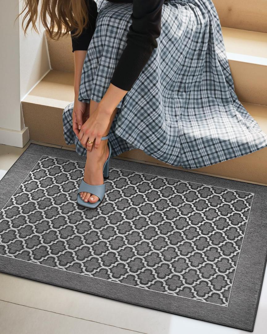 DEXI Entryway Door Mat Inside, Front Entrance Doormat Thin Low Profile, Non Slip Mats Absorbent for Home Entry Floor, 24x36, Floral Grey
