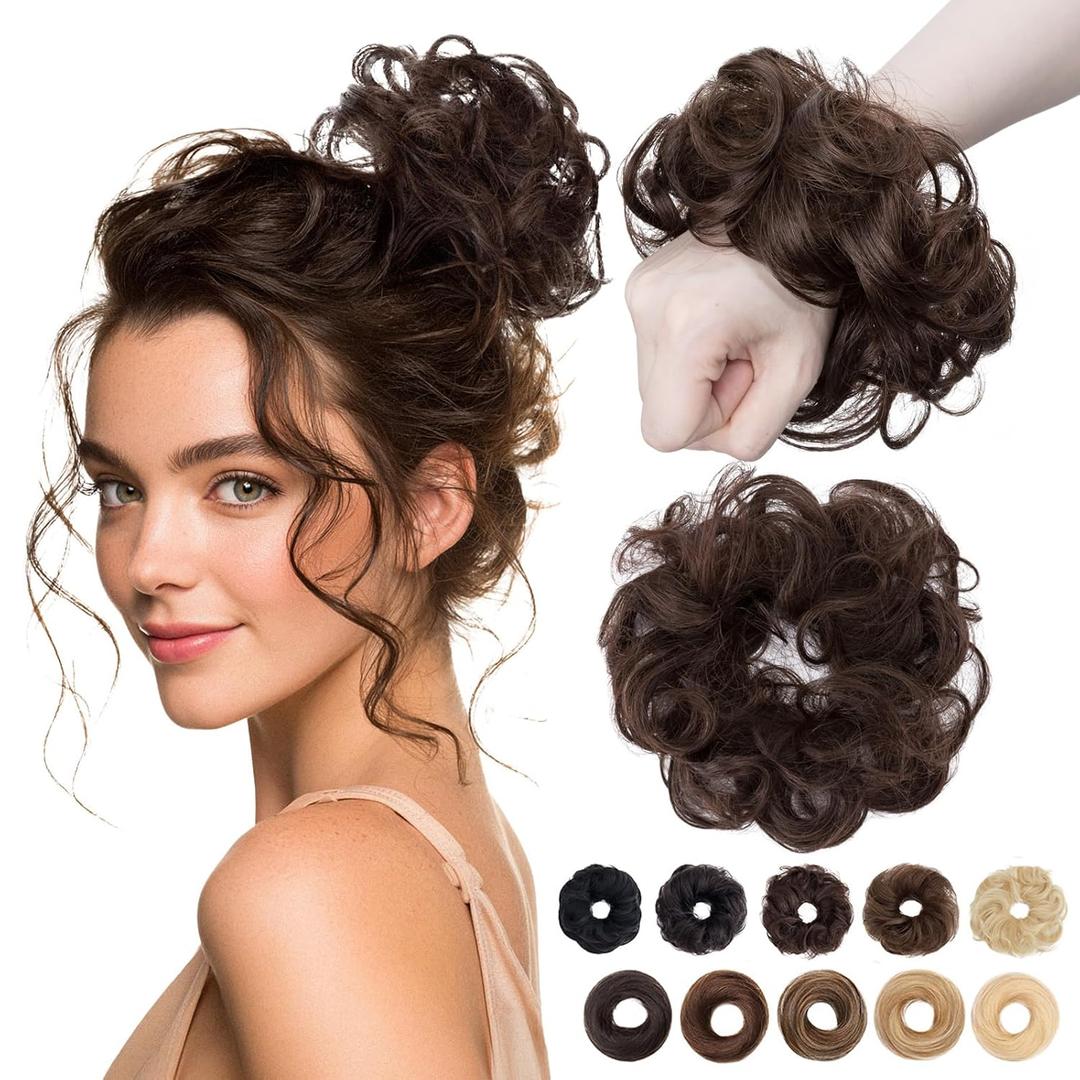 MY-LADY Messy Bun Hair Pieces Human Hair for Women Real Hairpiece Wavy Scrunchies Tousled Updo Donut Chignon Ponytail Extension Dark Brown