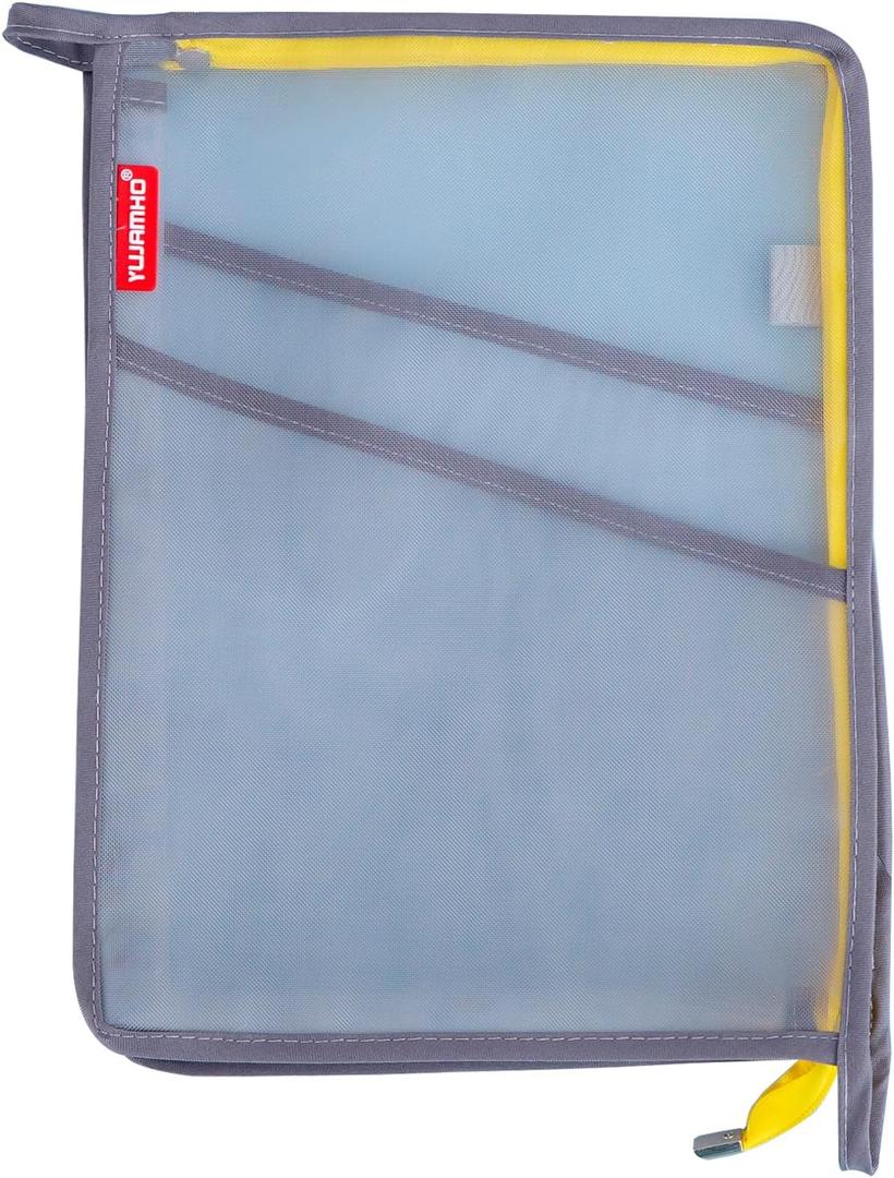 Clear Mesh Zipper Pouch, A4 3Layers Large Opening Pocket File Bag with Pen Holder, Expanding Organizer Document Storage for School/Office/Home (Yellow, Pack of 1)