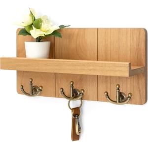 Rebee Vision Farmhouse Key Holder for Wall: Decorative Small Mail Organizer with Shelf and Rustic Mail Holder with 3 Anchor Key Hooks - Retro Home Decor Wall Mount for Entryway, Hallway (Light Brown)