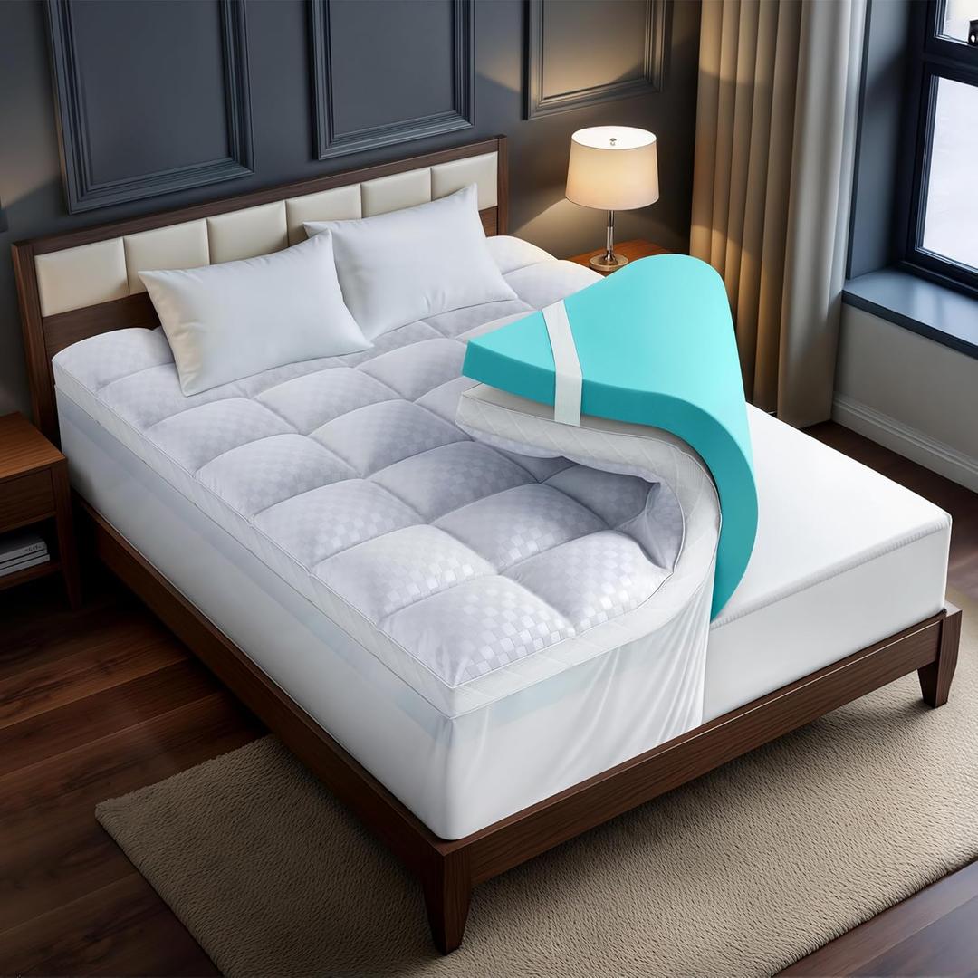 Dual Layer 4 Inch Memory Foam Mattress Topper for Pressure Relief with 4X Support, 2" Comfort Pillow Top Queen Mattress Topper Plus 2" Odor-Free Cooling Gel Memory Foam Breathable Mattress Pad
