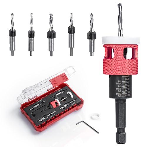 5 Pcs Countersink Drill Bit Set with Low Friction Depth Stop, HSS M2 Bits Tapered Head1/8 9/64" 5/32" Drill+3/8” 82° Counter-Bore,11/64" 3/16" Drill+ 1/2" 82° Counter Bore,1/4” Hex Shank(Red)