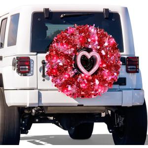 Valentines Day Car Wreath Spare Tire Decoration LED Tire Cover DIY Kit Include 100ft Tinsel Pink Red Garland Foam Heart 100 LED String Lights for Truck SUV Holiday Outdoor Decor