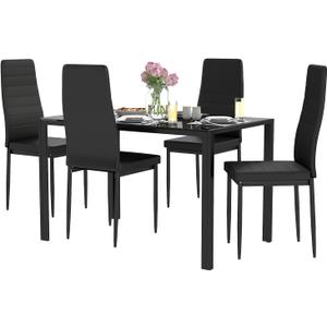 FDW | Dining Table Set for 4 | 5-Piece Glass Black Dining Table | Kitchen Table with 4 Upholstered Chairs and Faux Leather Cushions | Space-Saving and Modern Design | for Dining Room, Easy to Assemble