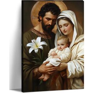 Holy Family Canvas Wall Art Catholic Decor Jesus and Virgin Mary Picture Christian Painting Print for Home Living Room Bedroom Church Wall Decor Framed - 16.00x24.00 inch