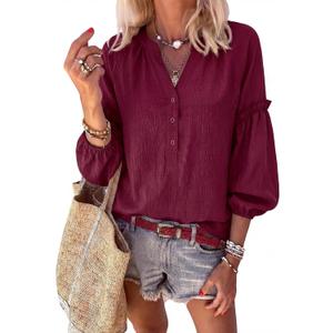 Womens V Neck Button Down Tops Puff Long Sleeve Tunic Blouse Dressy Loose Fit Basic T Shirt Business Casual Work Tops (Red, M)