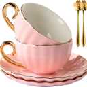 ICHAG Tea Cups and Saucers Set, Tea Cup Set, Cappuccino Cup, 7oz Vintage Porcelain Teacup and Saucer Set with Golden Spoon, Latte Cups, Coffee Cup Set for Women's Tea Party, Home Office Gifts (2pc)