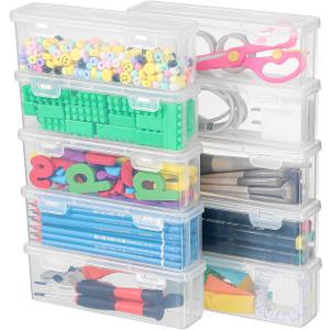10 Pack Clear Plastic Pencil Case Boxes - Narrow Stackable Storage Organizers with Snap Lids for Pens, Markers, Makeup Brushes, Art Supplies, Beads, Jewelry, School Office Use, Rectangular Narrow