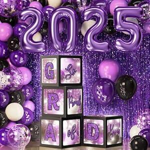 Asoulin Graduation Party Decoration Class of 2025 86PCS Purple & Black Graduation Party Supplies High School College Grad Balloon Boxes with Letter, LED String Light, Foil Curtain, Balloon Garland Kit